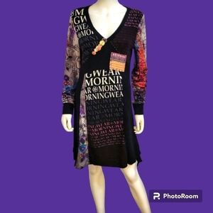 FARINELLI 1990s Black Graphic Artsy Abstract V-Neck Grunge Sweater Dress